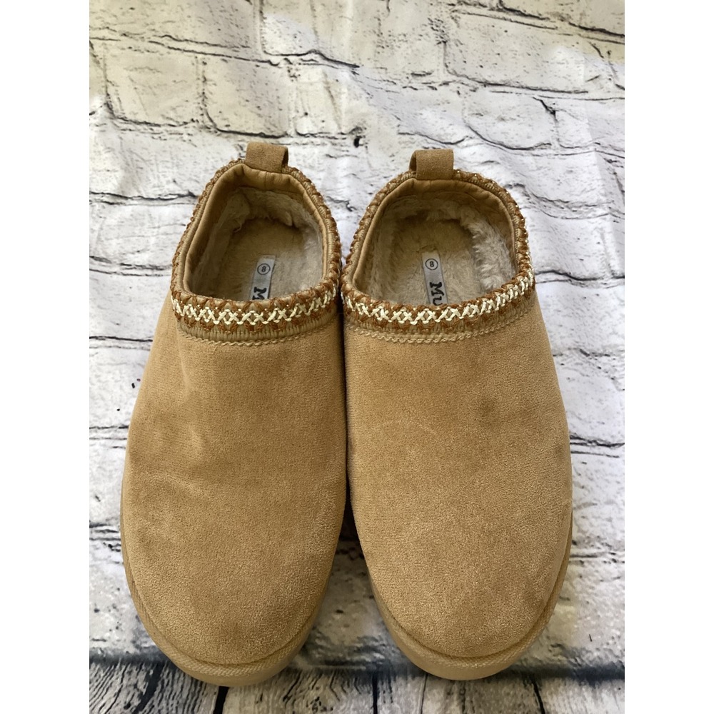Mudd Womens Platform Slippers Tan Chestnut Faux Fur Lined Chunky Mules Size 8